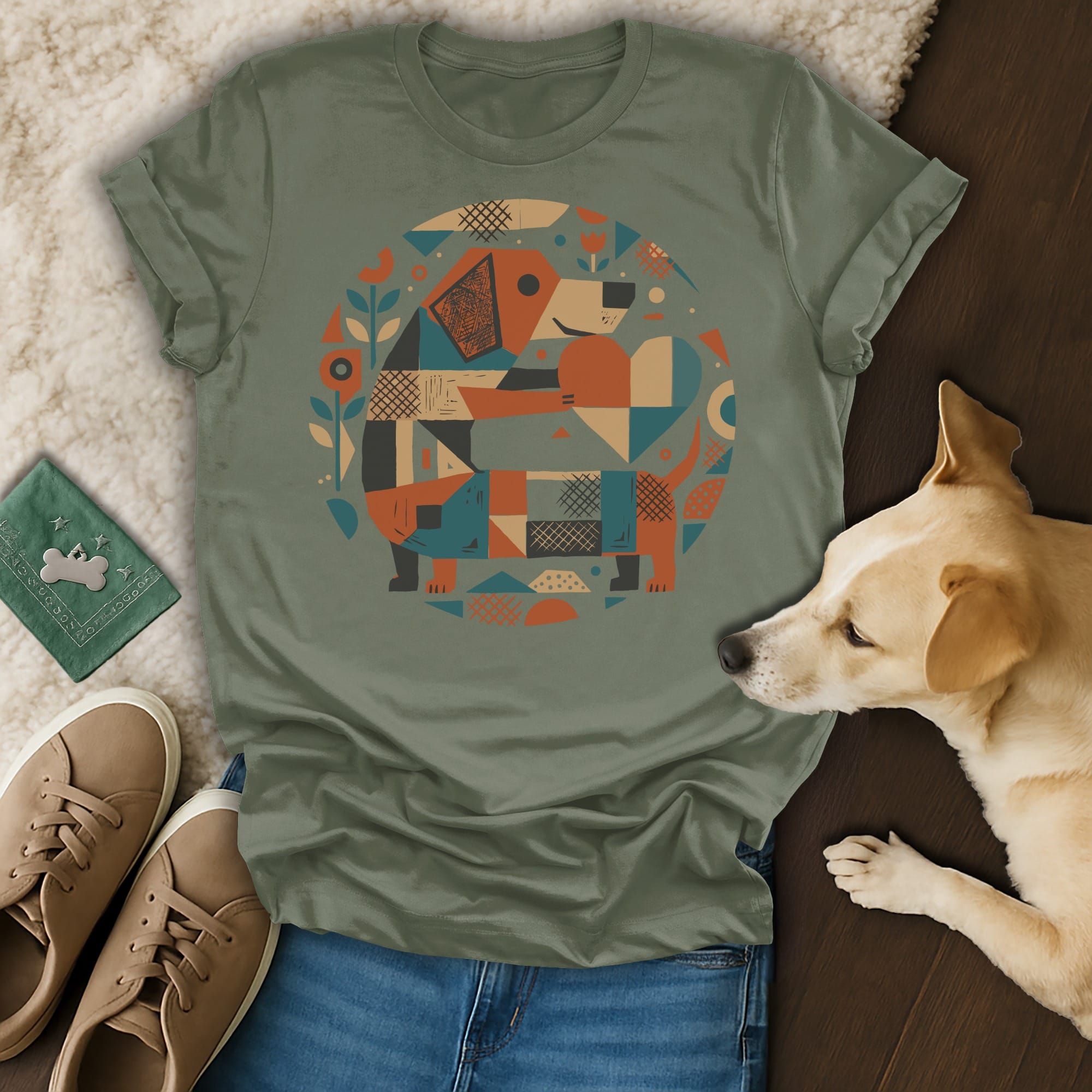 T-shirt with abstract geometric dog pattern, dog, sneakers, and bandana.