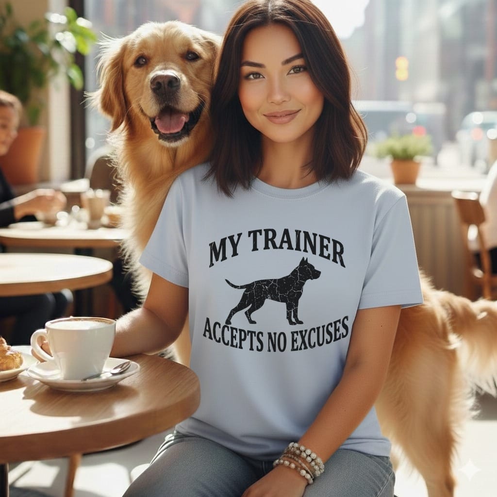 Woman with Golden Retriever wearing "My Trainer Accepts No Excuses" t-shirt.