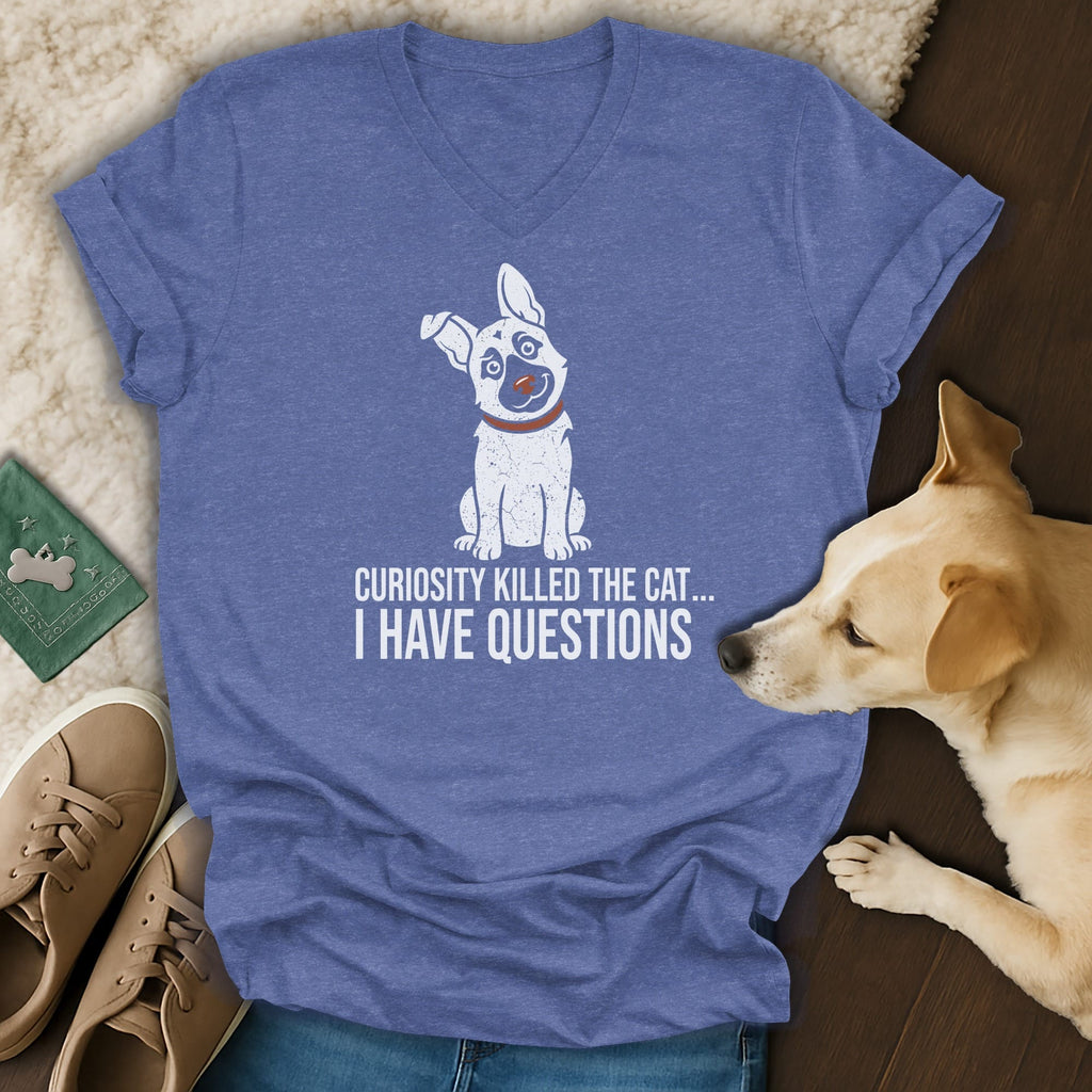 Blue v-neck t-shirt with a distressed dog graphic and text.