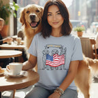 Woman with golden retriever and two dogs wearing patriotic t-shirt with 1776.