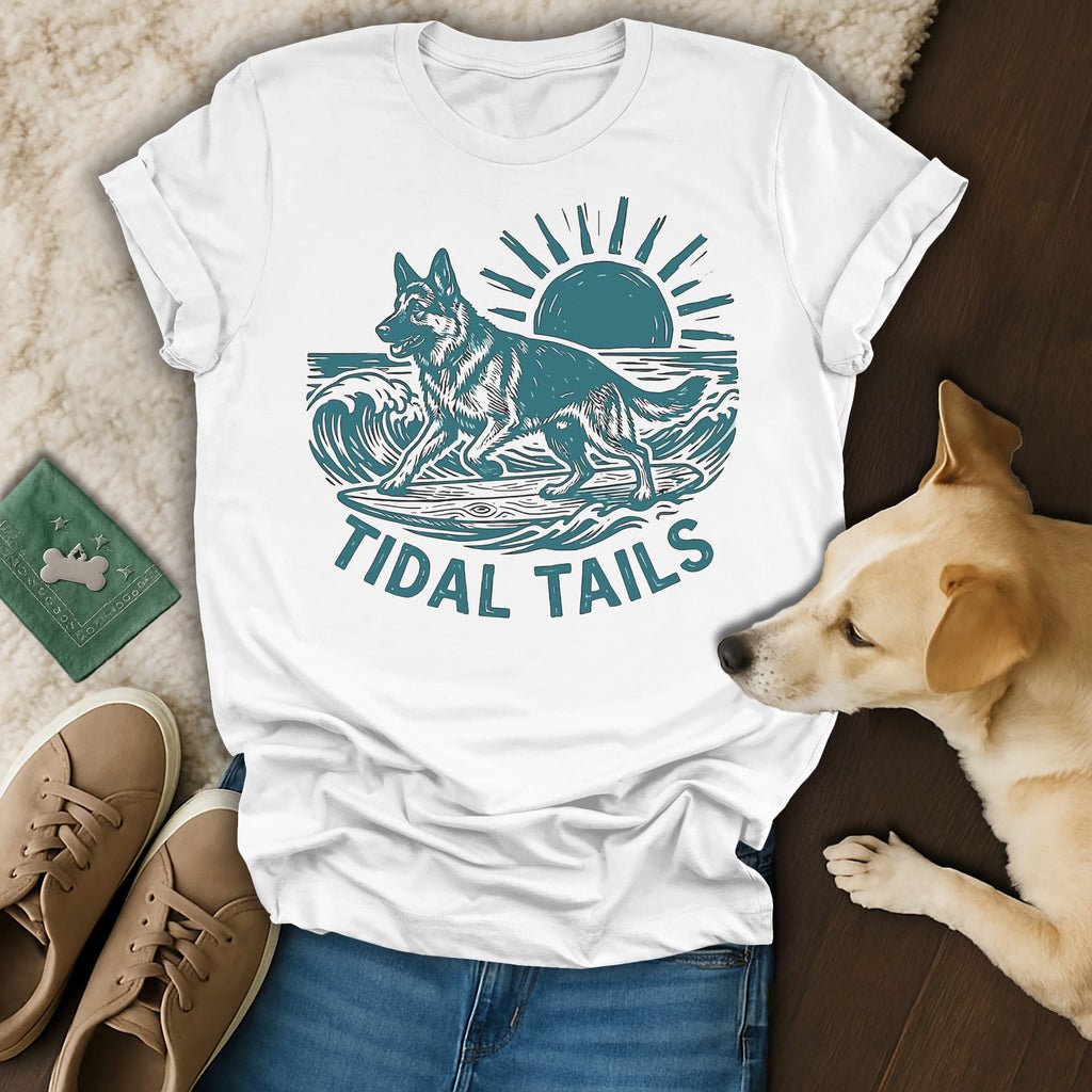 White t-shirt with graphic of dog surfing on waves, sun in background.