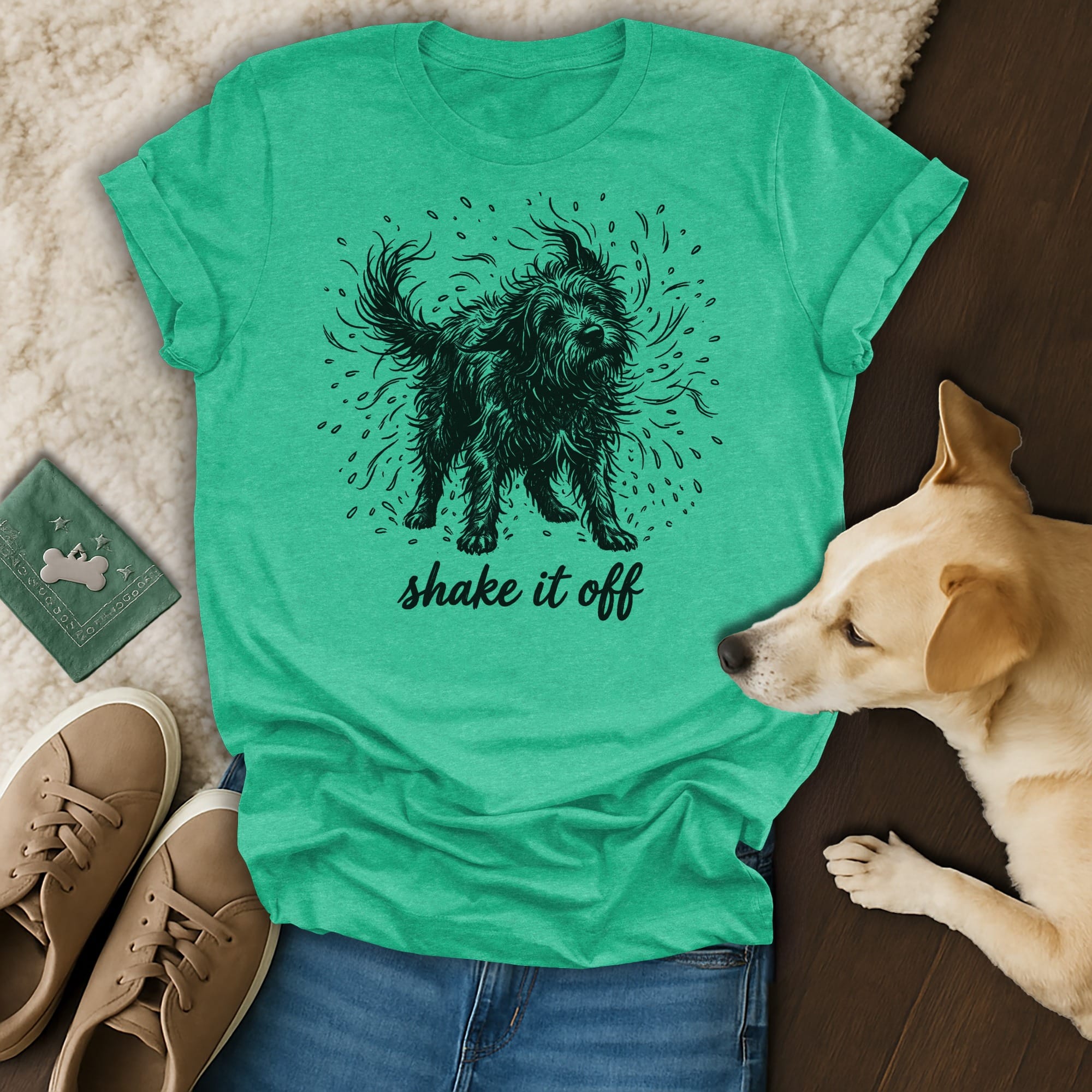 Green t-shirt with a black dog illustration and "shake it off" text.