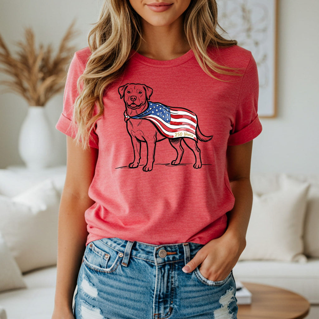 Red t-shirt with a dog wearing an American flag bandana.
