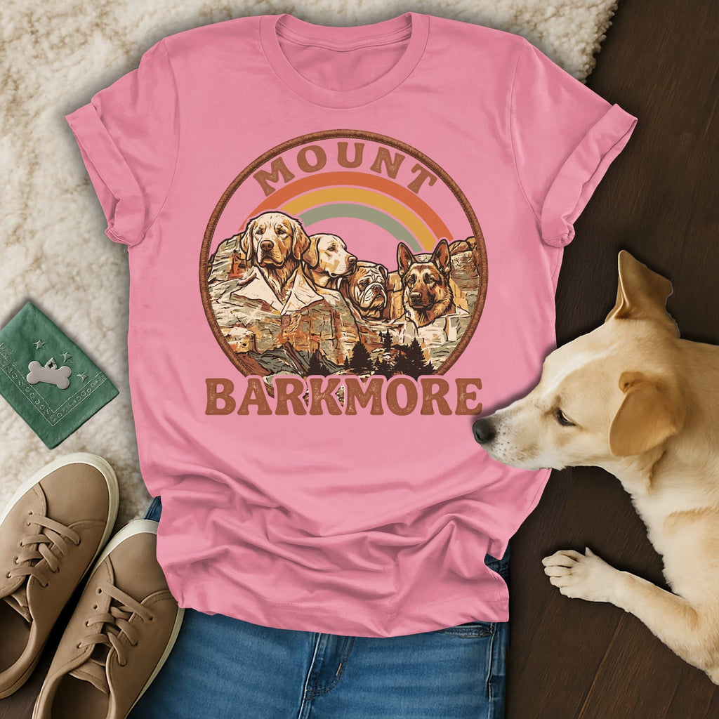 Pink t-shirt with Mount Barkmore design featuring dogs and a rainbow.