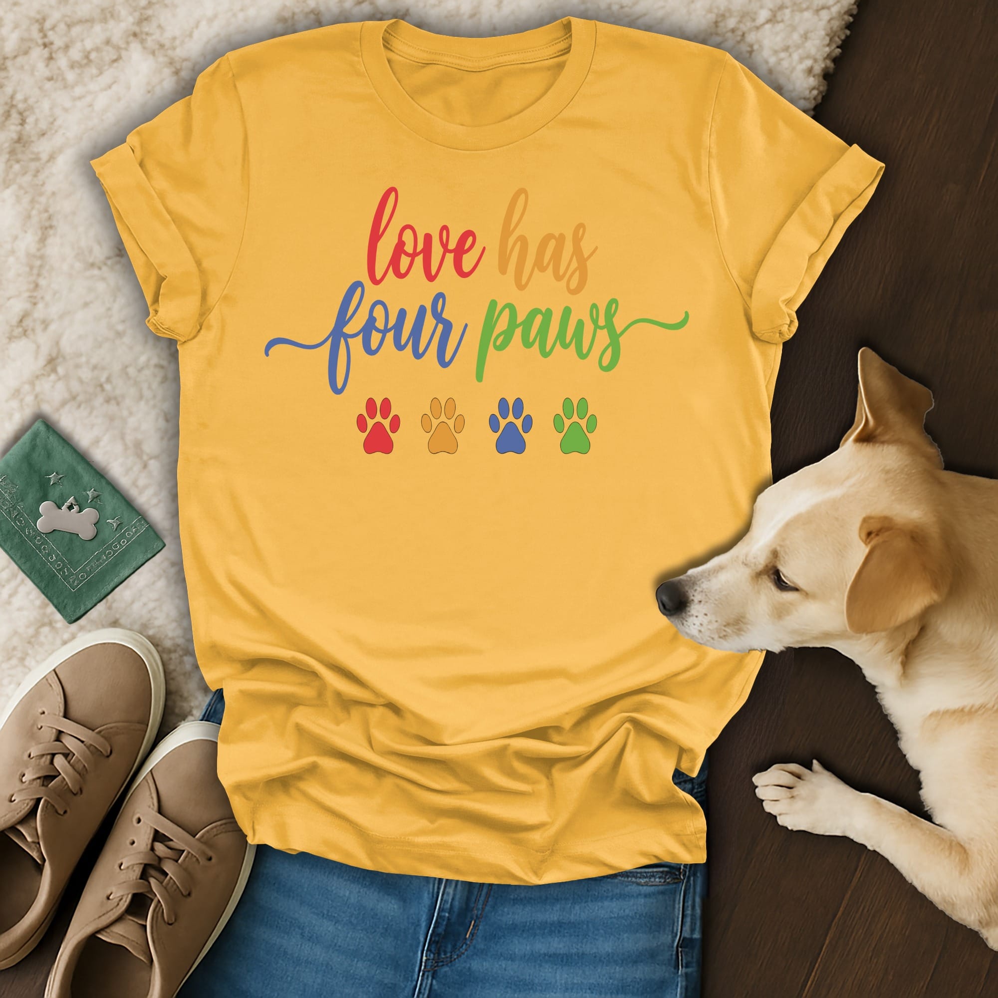 Yellow t-shirt with "love has four paws" and colorful paw prints.