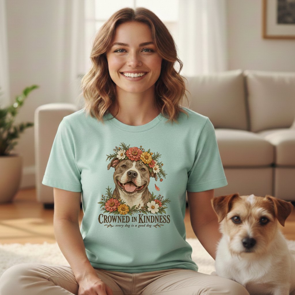 A smiling woman wears a mint green t-shirt featuring a pit bull surrounded by flowers and the text Crowned in Kindness, sitting beside a small terrier in a living room.