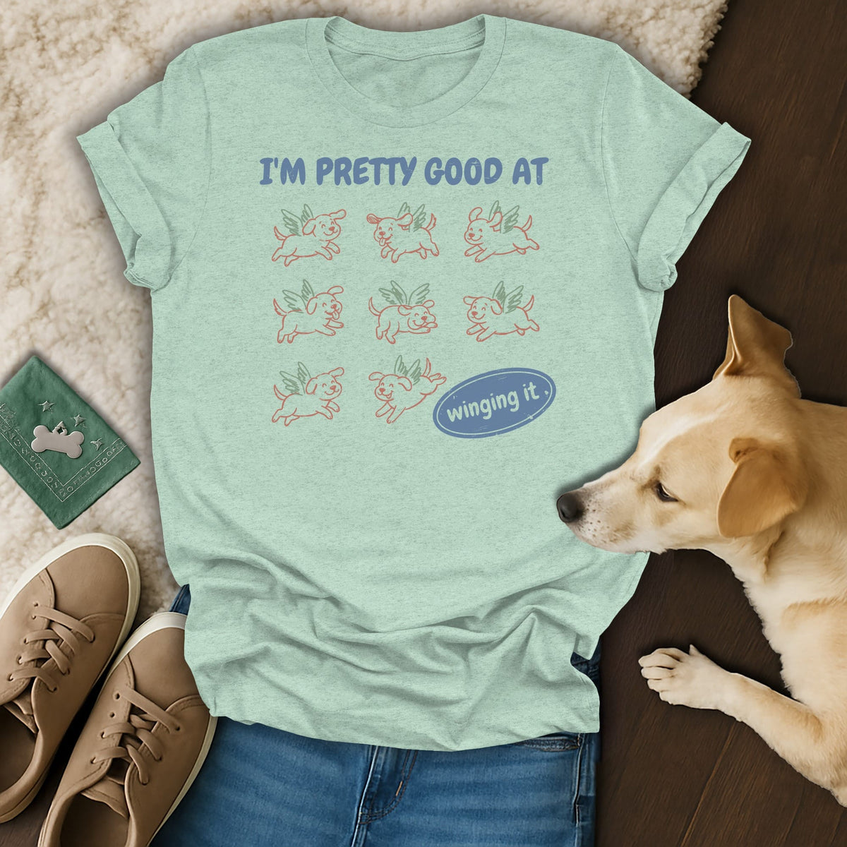 Light blue t-shirt with "I'M PRETTY GOOD AT winging it" and cartoon dogs with wings.