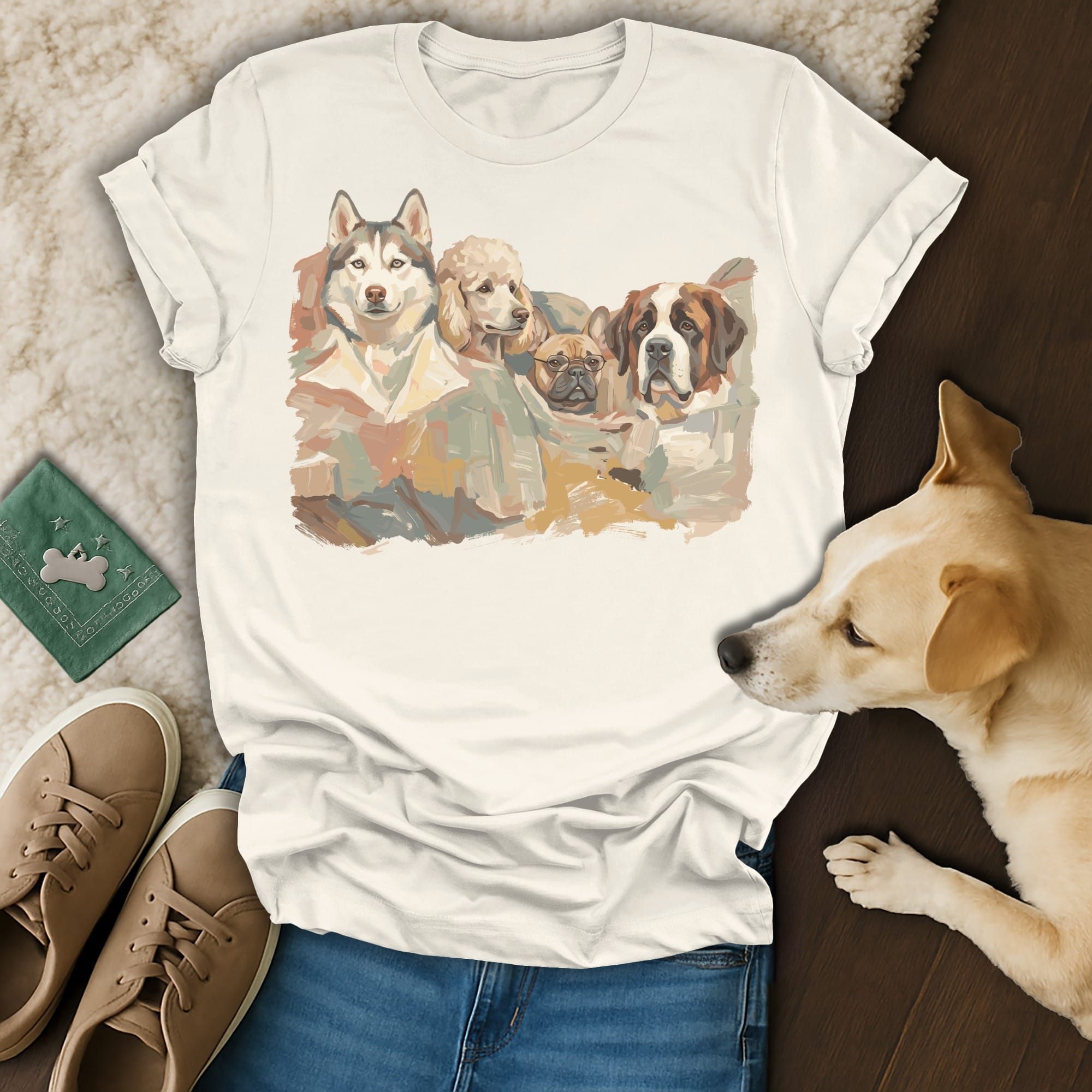 T-shirt with watercolor painting of husky, poodle, bulldog, and St. Bernard dogs.