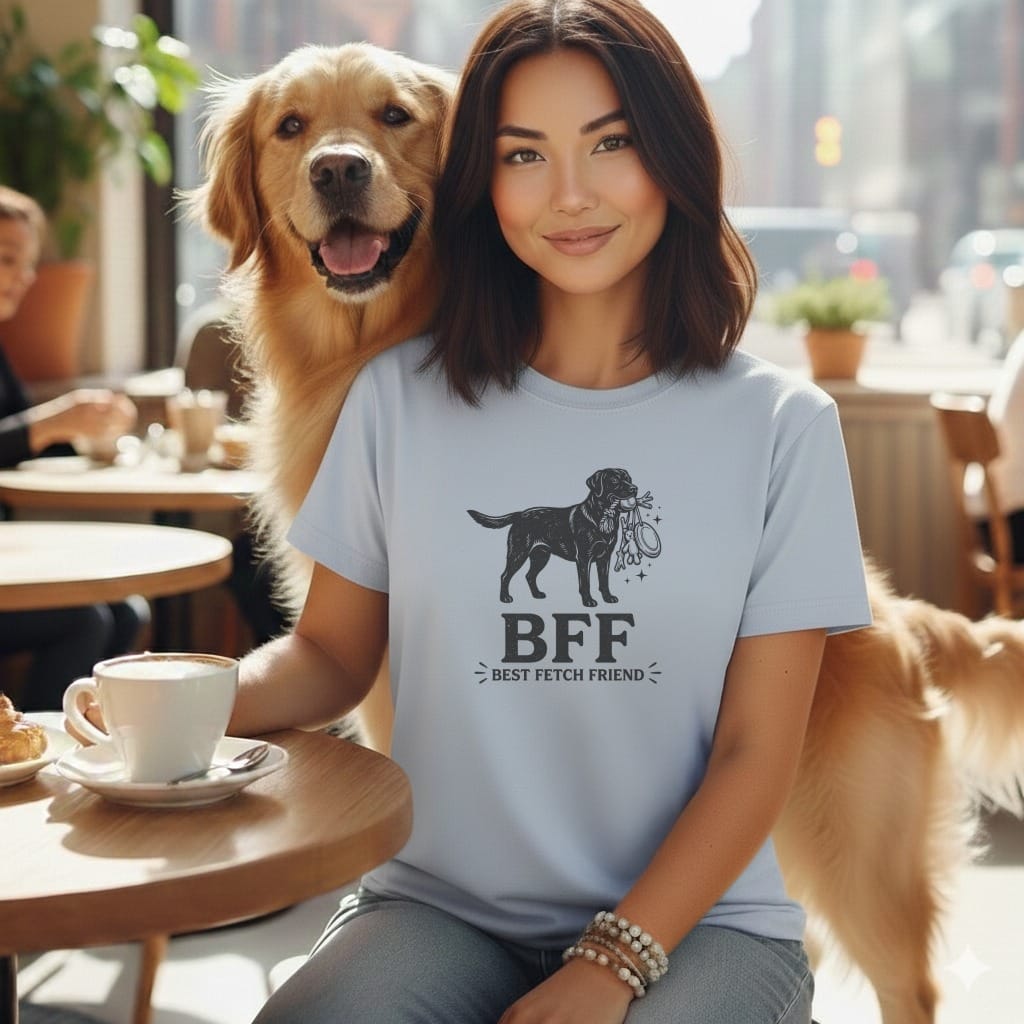 Woman with dog wearing a light blue t-shirt with a black dog graphic and "BFF BEST FETCH FRIEND" text.