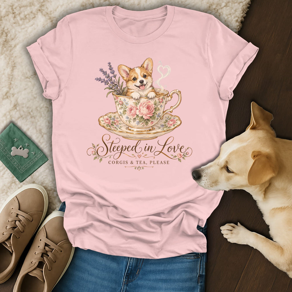 A light pink t-shirt featuring a corgi in a floral teacup graphic with the text Steeped in Love, Corgis & Tea, Please.