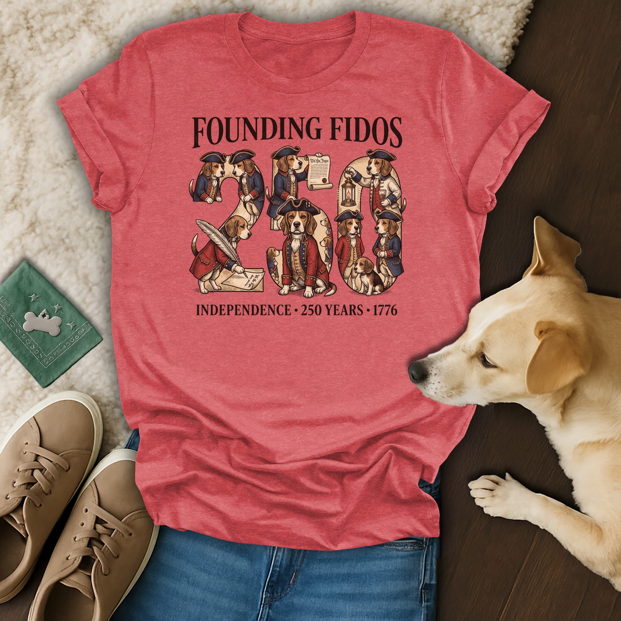 Founding Fidos t-shirt with dogs celebrating independence and 250 years.