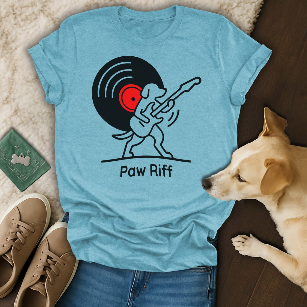 Blue t-shirt with a graphic of a dog playing a guitar with a record.