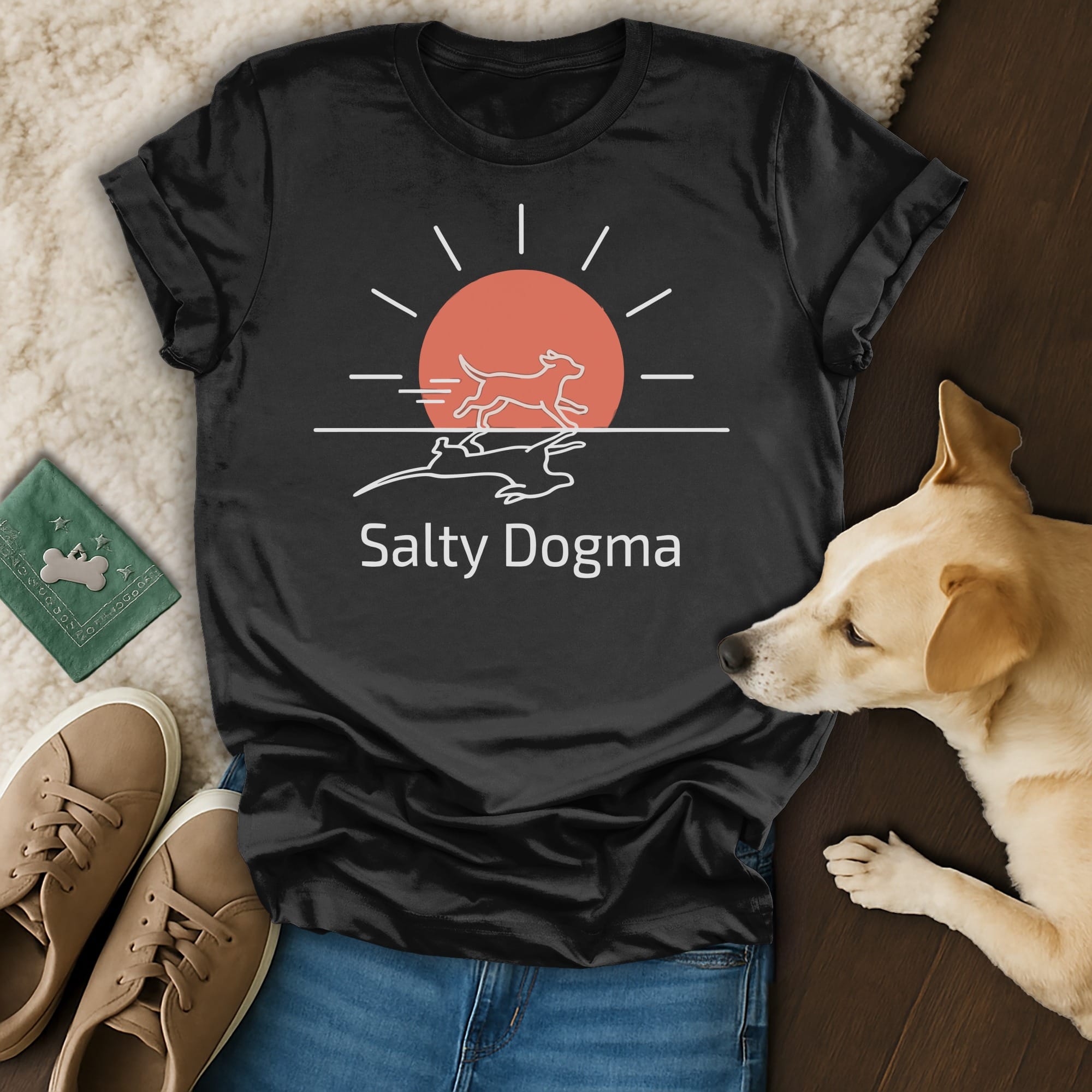 Black t-shirt with "Salty Dogma" logo, featuring a sun and running dogs.