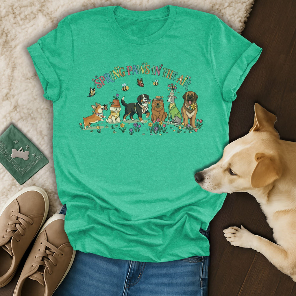 Green t-shirt with cartoon dogs and spring floral design.