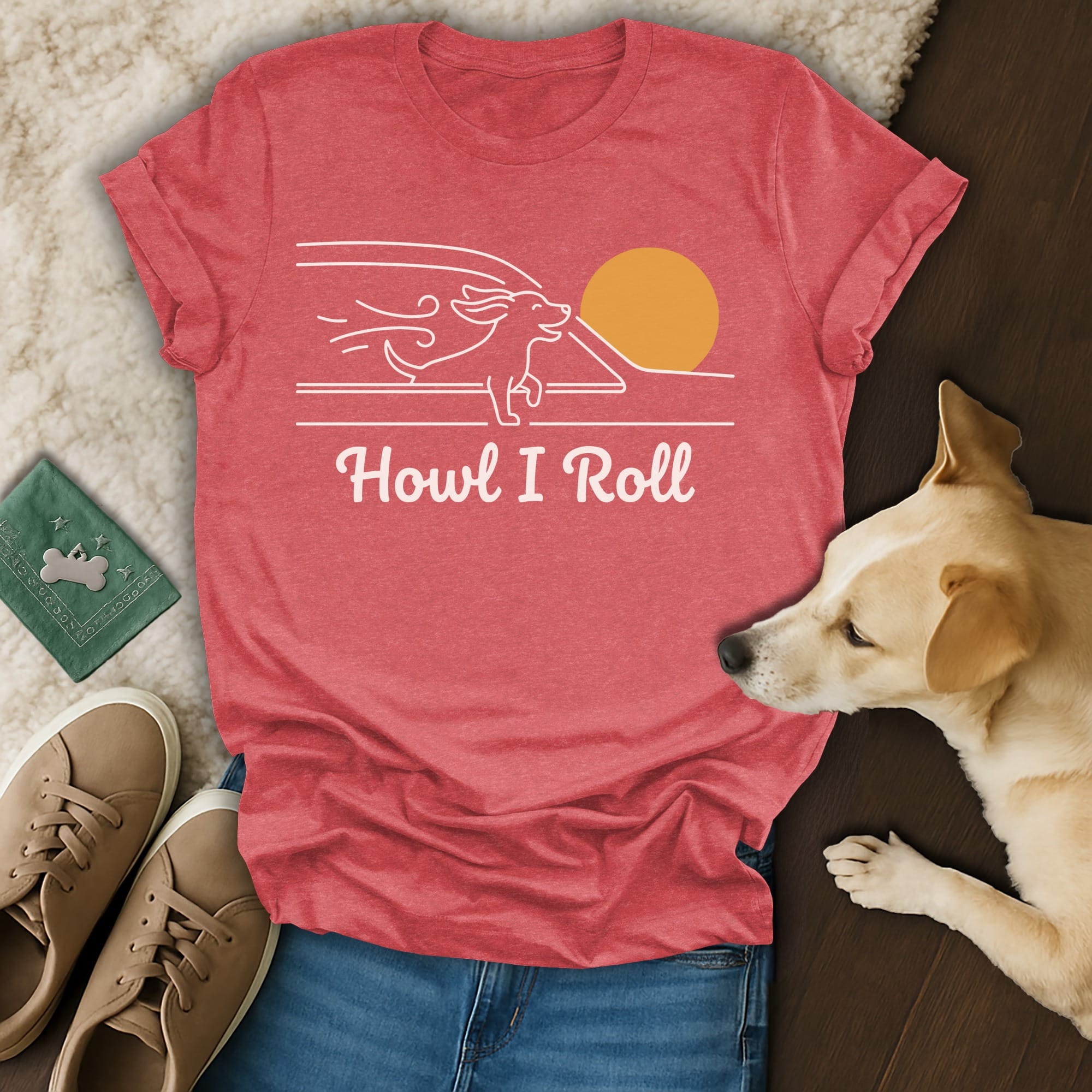 Red t-shirt with "Howl I Roll" text and a dog running towards the sun.