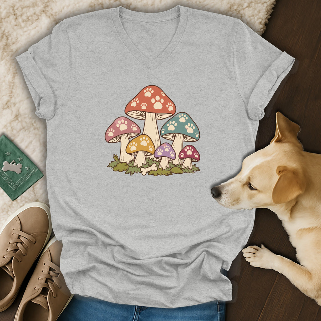 Gray v-neck t-shirt featuring a retro colorful mushroom graphic with paw print caps.