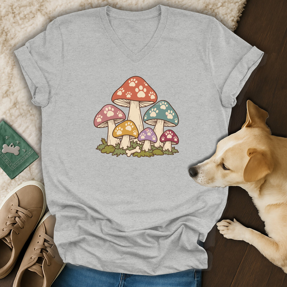 Gray v-neck t-shirt featuring a retro colorful mushroom graphic with paw print caps.