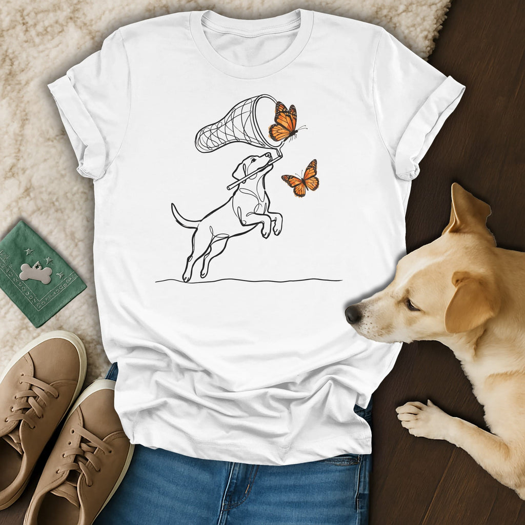 Dog in sketch art style reaching for butterflies with a net.