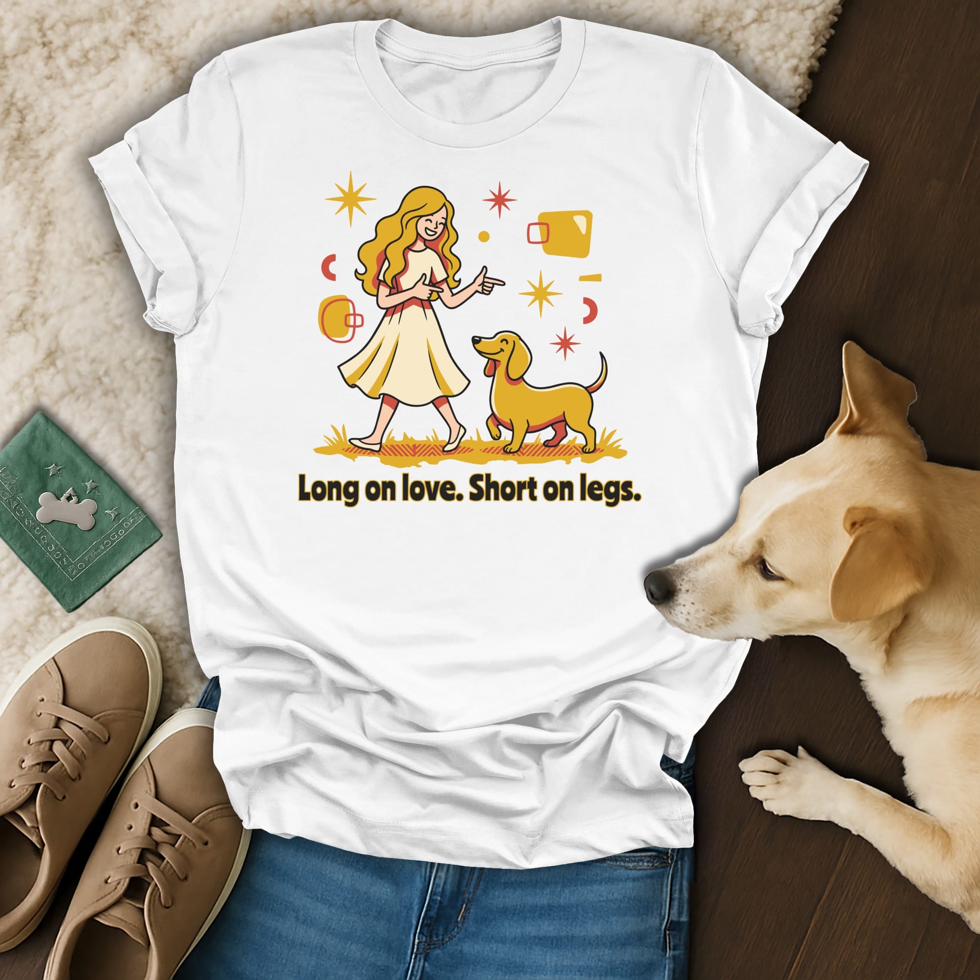 White t-shirt with graphic of a woman and small dog, text "Long on love. Short on legs."