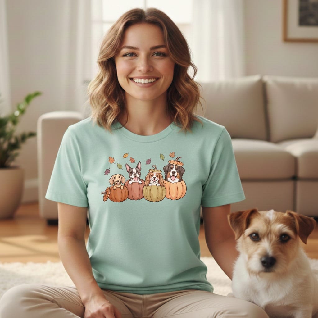 Light mint t-shirt with cartoon dogs in pumpkins graphic and autumn leaves.