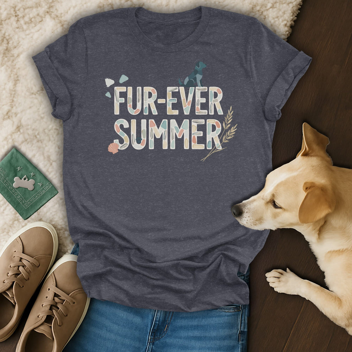 Dark heather t-shirt with "FUR-EVER SUMMER" text and dog graphics.