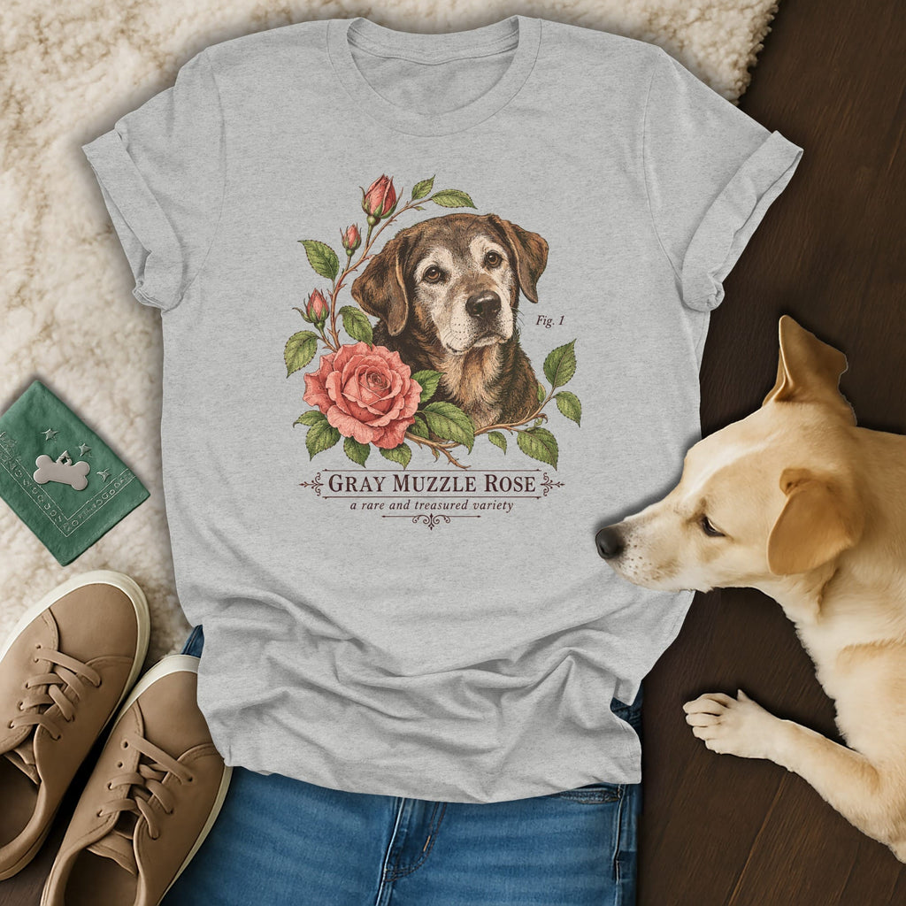 Heather gray t-shirt featuring a botanical illustration of an older dog and pink roses with text reading Gray Muzzle Rose.