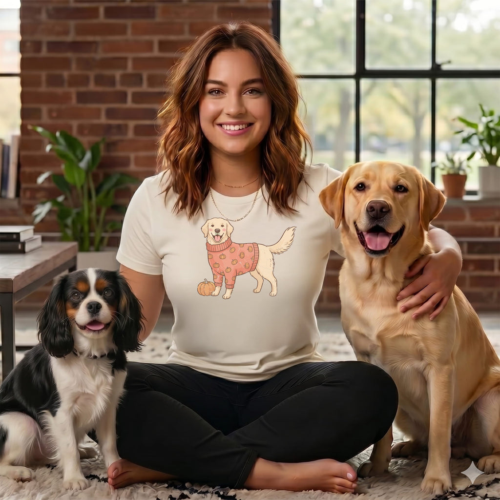Woman wearing a cream t-shirt with a dog graphic and sitting with two dogs.
