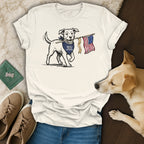 White t-shirt with dog holding American flag, "America's 400th anniversary" text.