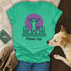 Teal t-shirt with dancing dog and "Paws Up" text.