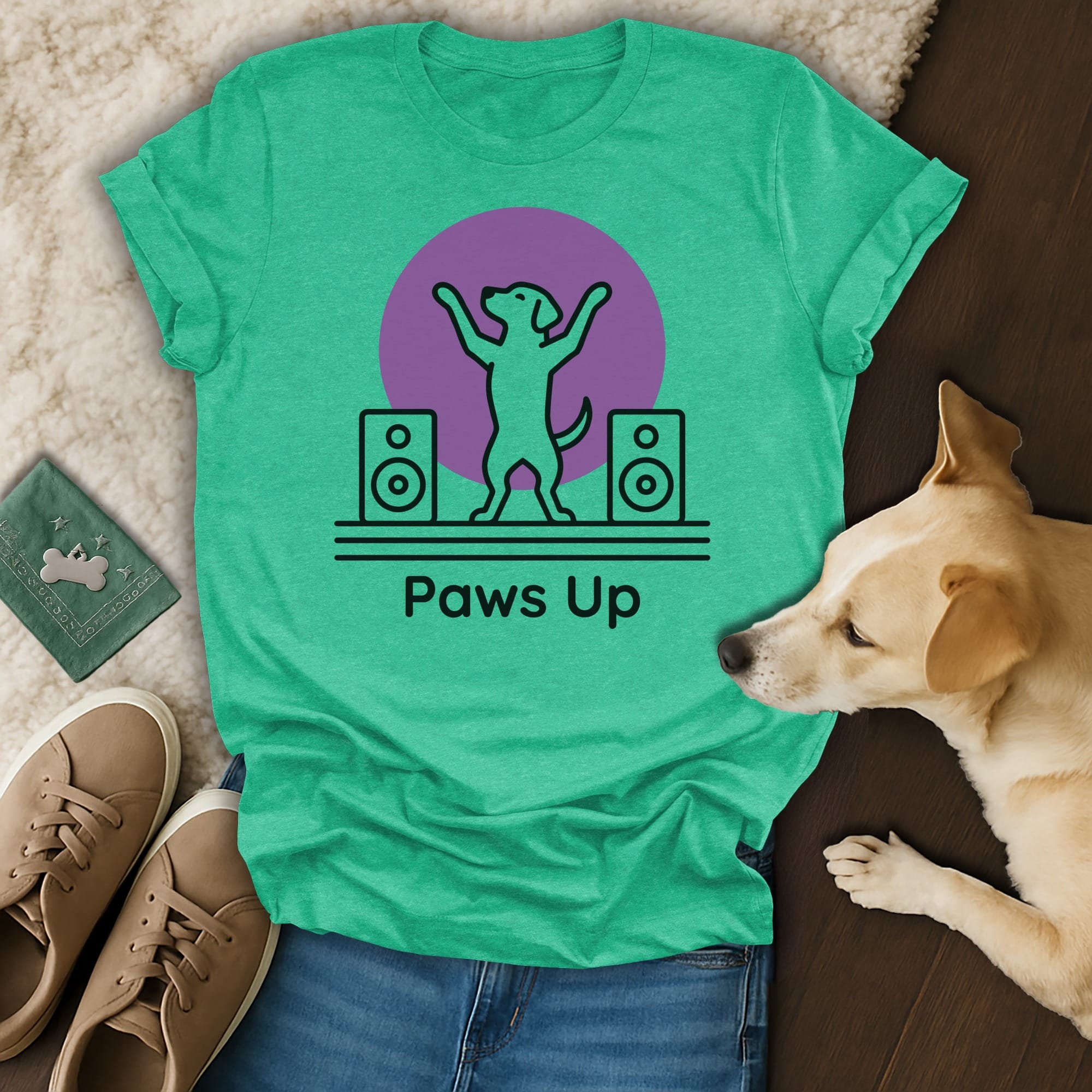 Teal t-shirt with dancing dog and "Paws Up" text.