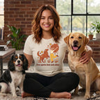 Woman with two dogs, text "Free spirits find each other."