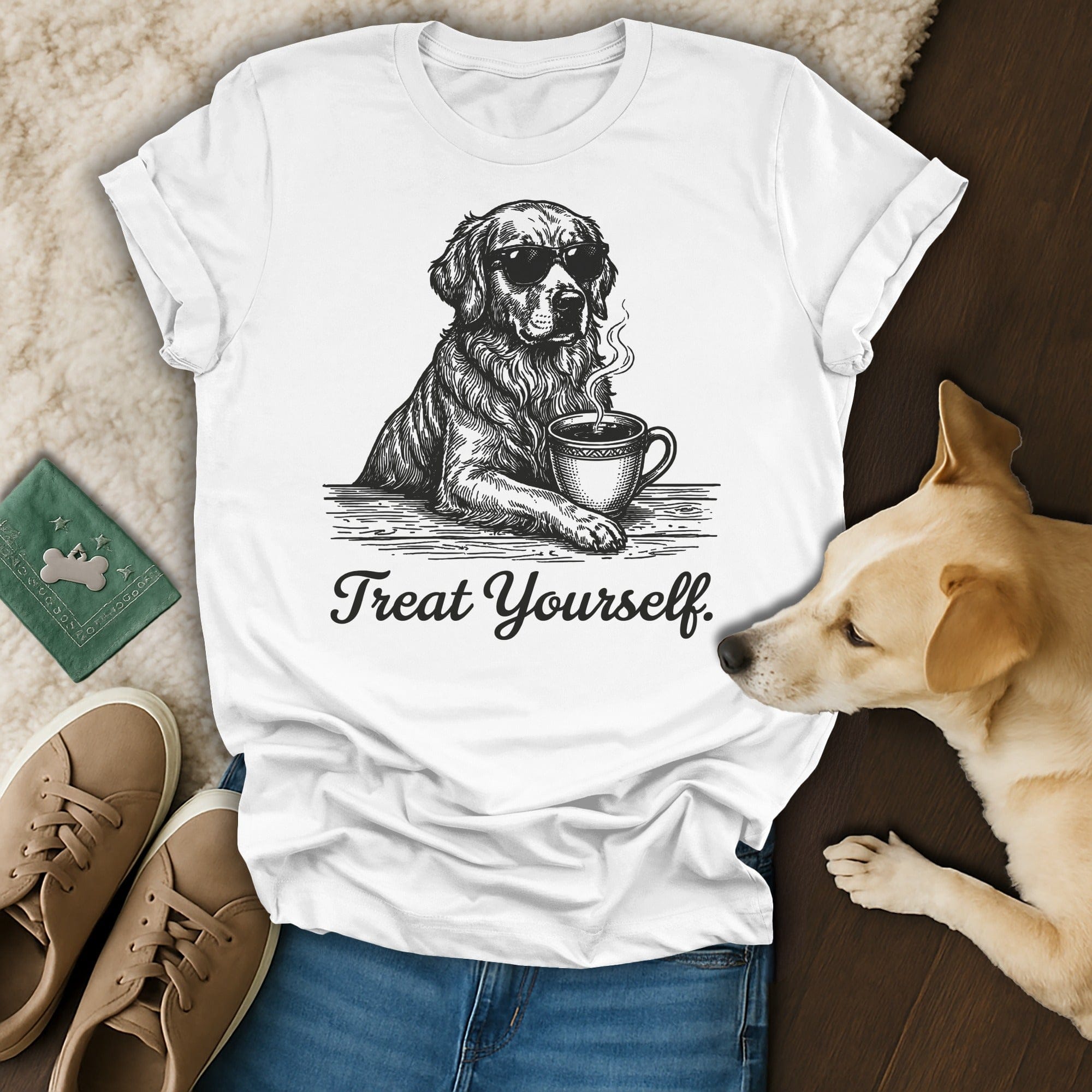 Golden Retriever Sunglasses Coffee Treat Yourself product type
golden retriever, dog, sunglasses, coffee, treat yourself, t-shirt, canine, pet lover, animal print, humorous, cute dog, cool dog, coffee lover, dog lover, graphic tee, animal gift, dog mom, dog dad, golden dog, relaxed dog