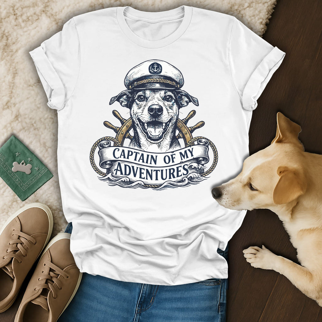 White t-shirt with a dog wearing a captain's hat and banner reading "CAPTAIN OF MY ADVENTURES."