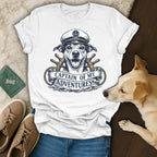 White t-shirt with a dog wearing a captain's hat and banner reading "CAPTAIN OF MY ADVENTURES."
