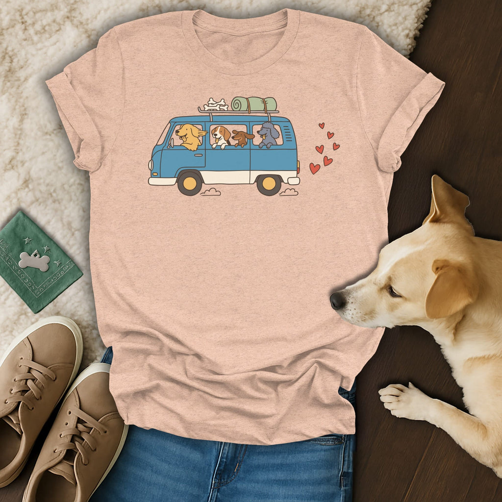 T-shirt with cartoon dogs driving a van, hearts, and travel items.