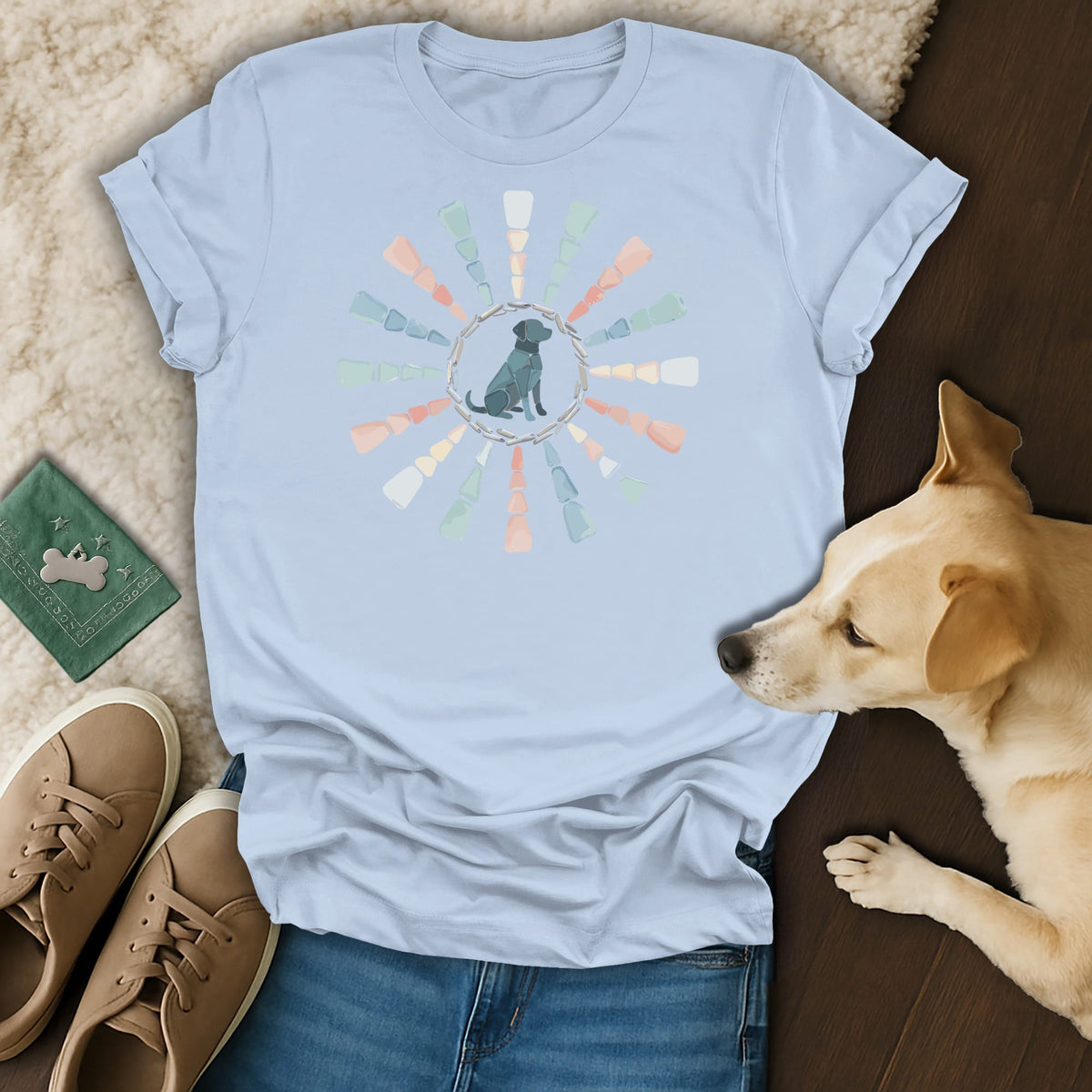 Light blue t-shirt with sitting dog graphic surrounded by pastel sunburst.