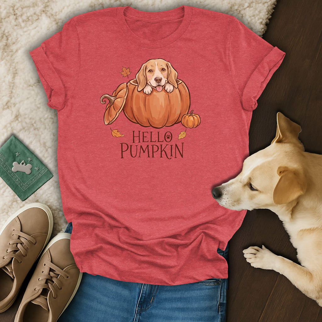 Red t-shirt with a dog peeking out of a pumpkin and text "HELLO PUMPKIN".