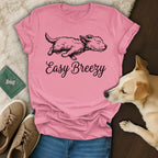 Pink t-shirt with a dog graphic and "Easy Breezy" text.