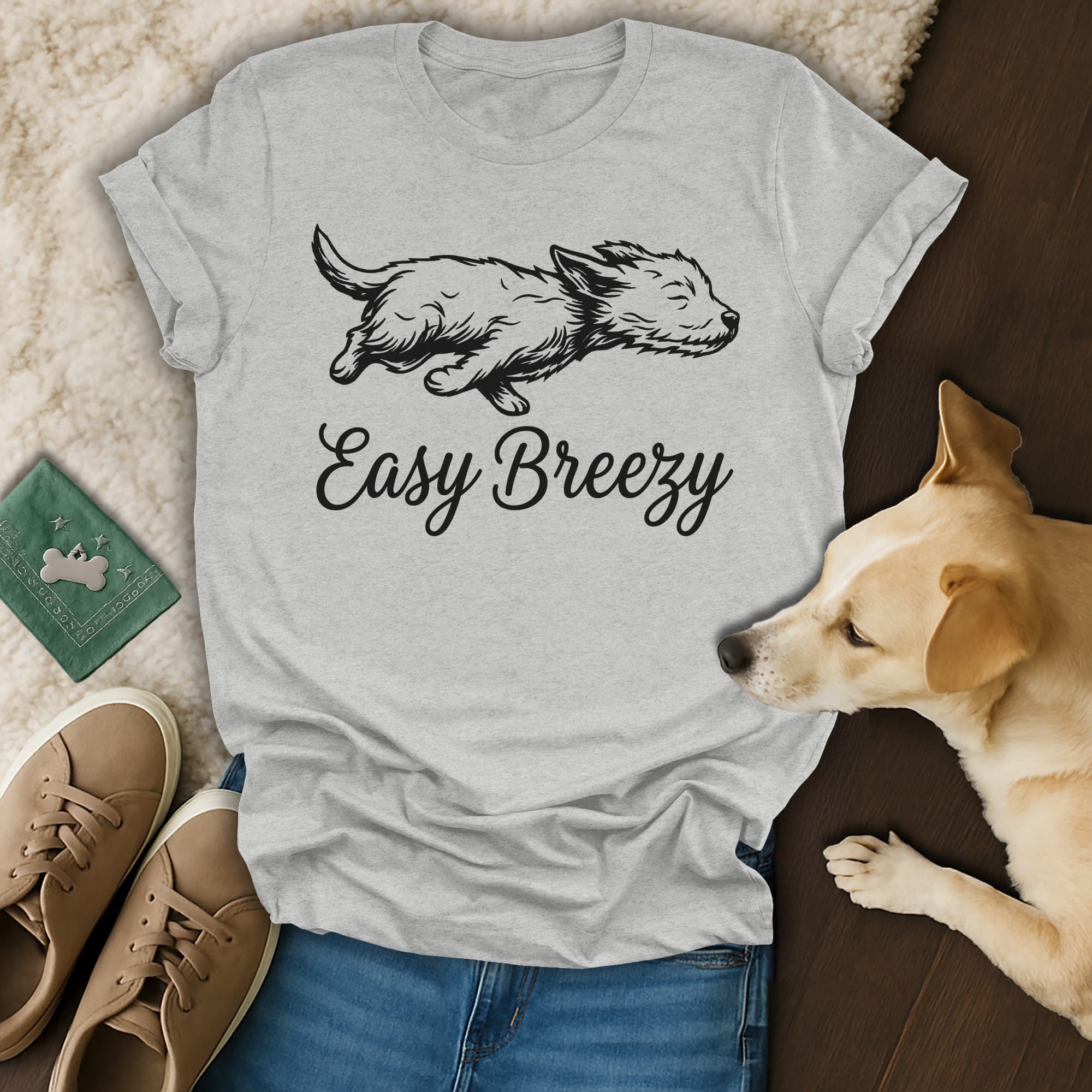 Gray t-shirt with "Easy Breezy" and a dog illustration, placed near dog accessories and shoes.