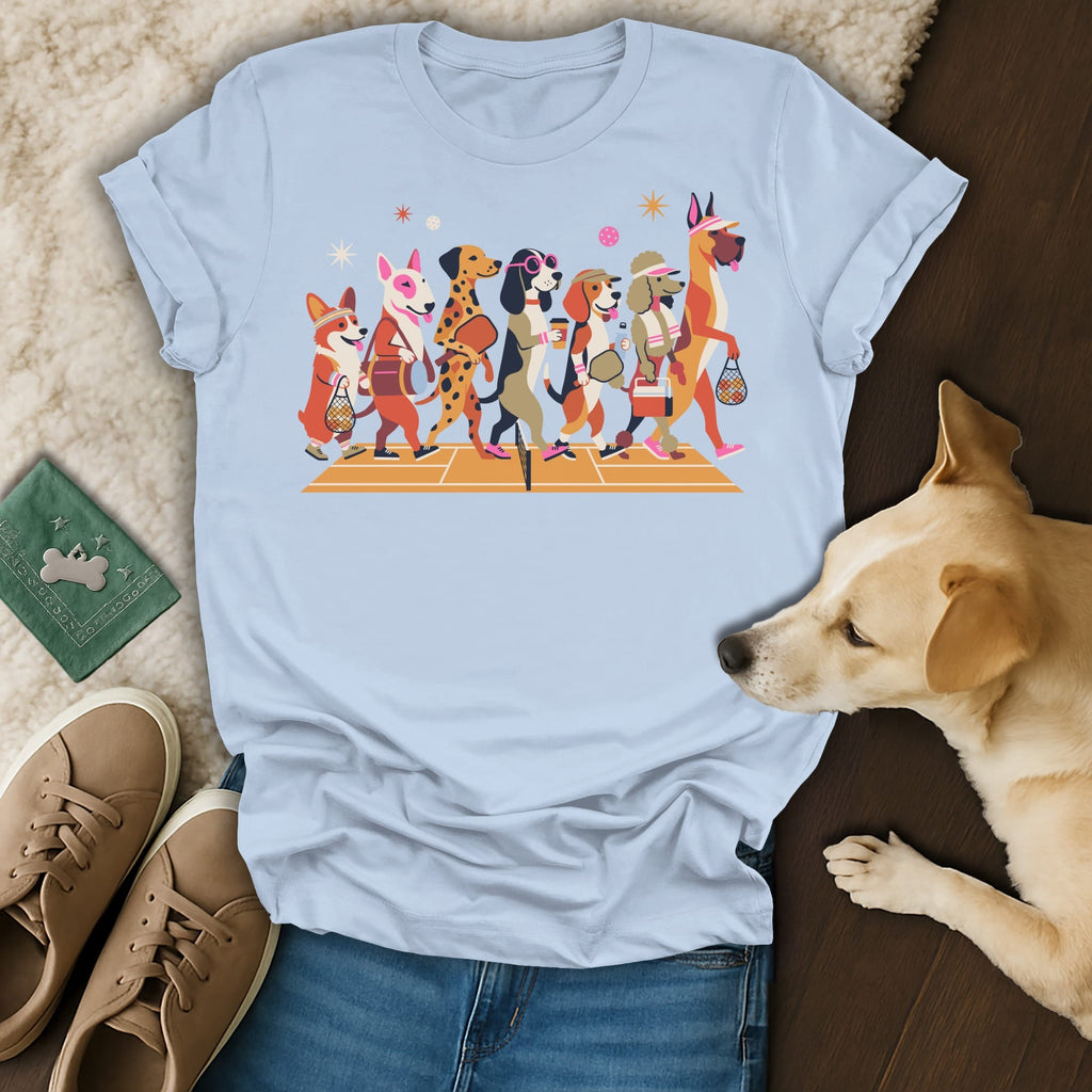 Light blue t-shirt with a cartoon graphic of dogs walking in a line.