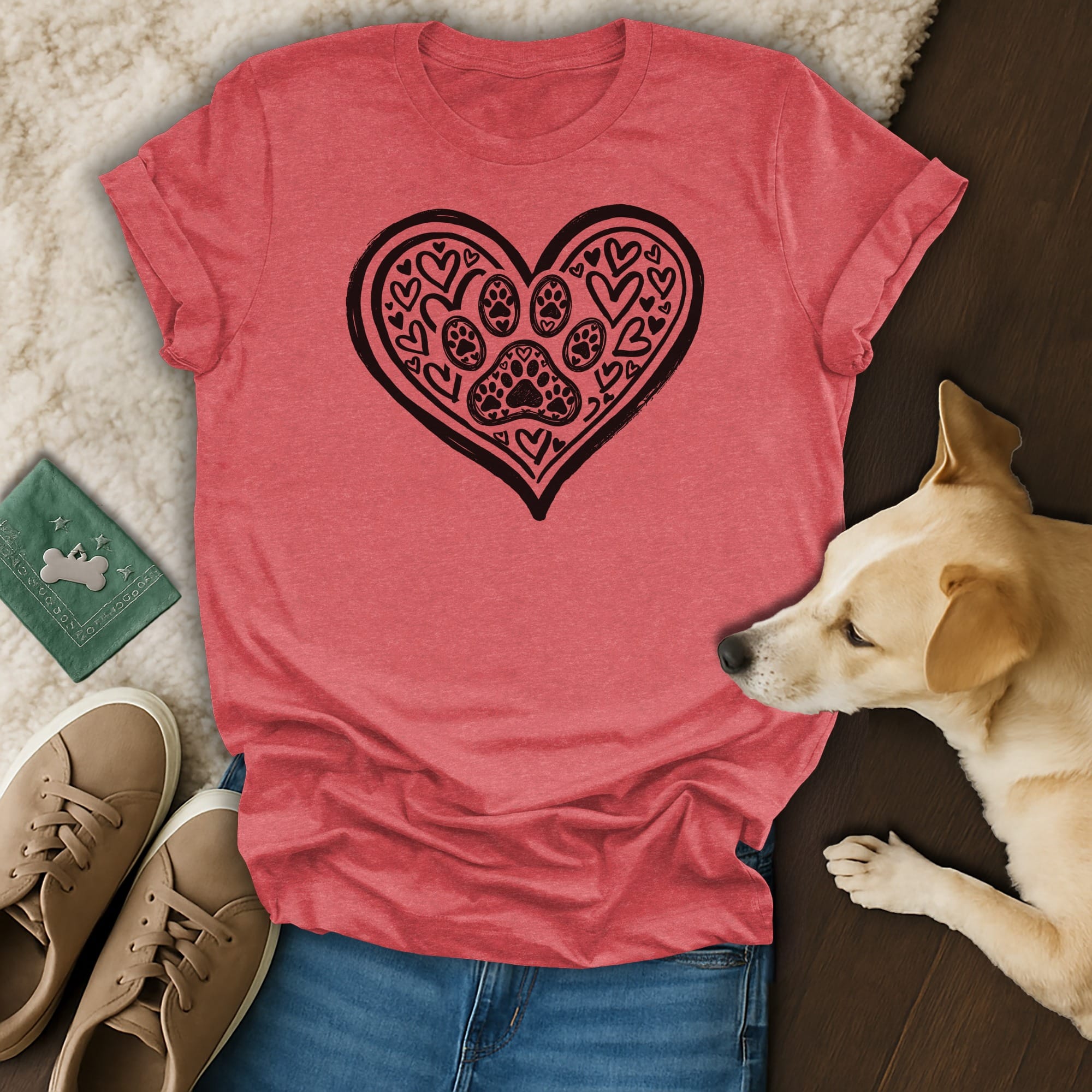 Pink t-shirt with a black heart graphic filled with paw prints and smaller hearts.