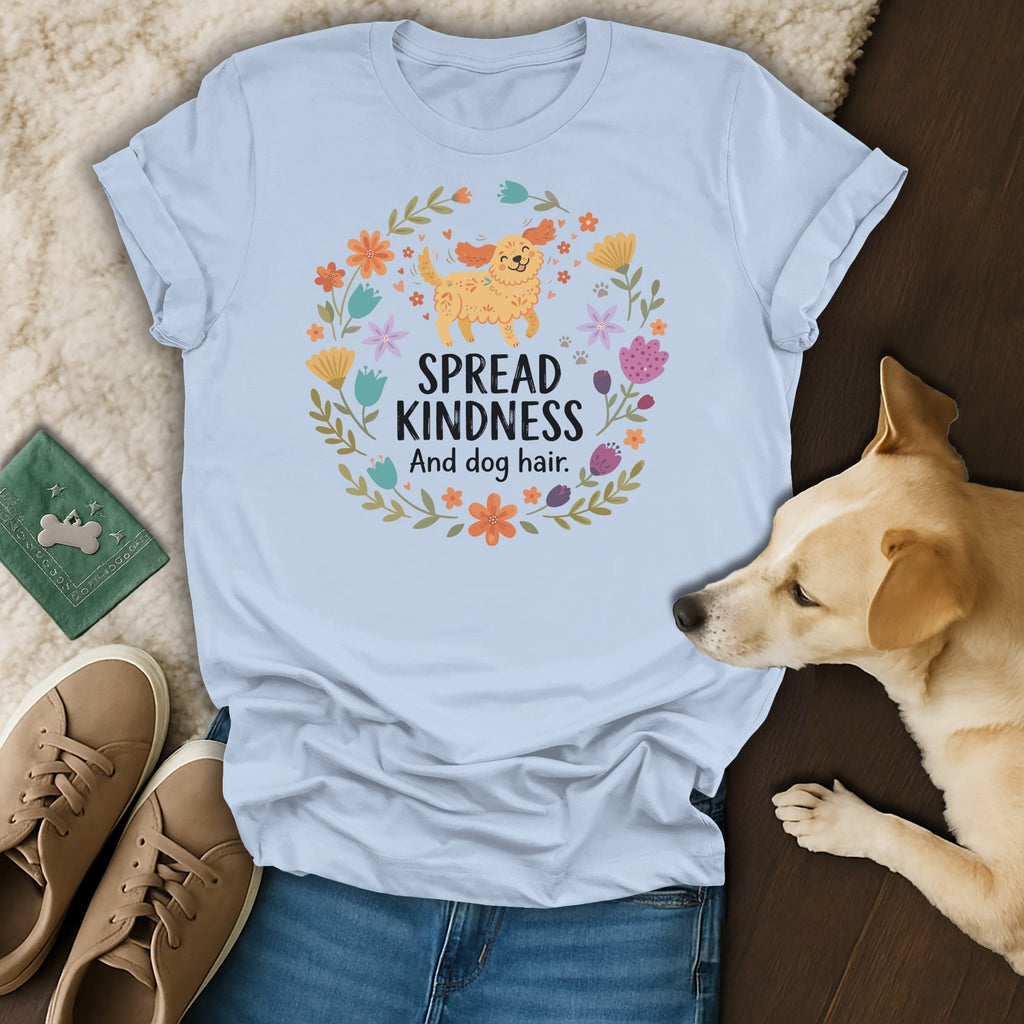 Light blue t-shirt with dog and floral graphic reading "Spread Kindness And dog hair."