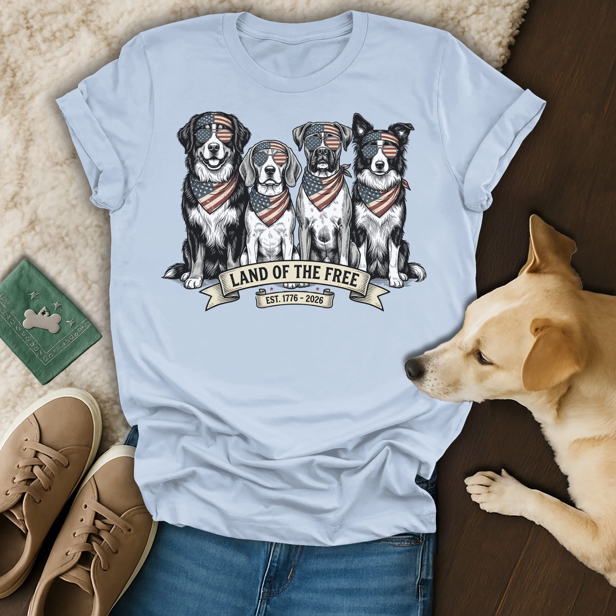 Light blue t-shirt with four dogs wearing bandanas and sunglasses, text "Land of the Free."