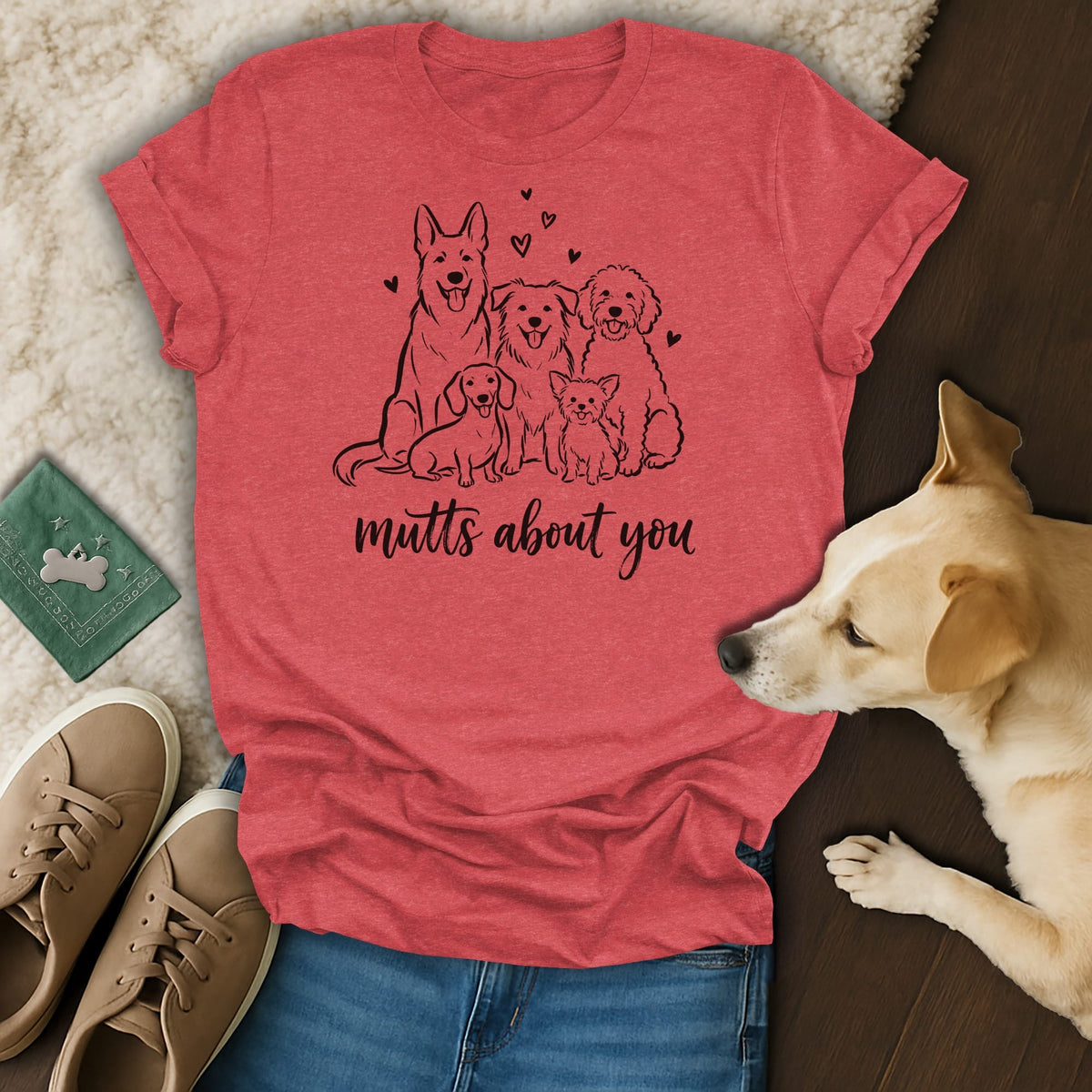 T-shirt with line art of five dogs and text "mutts about you".