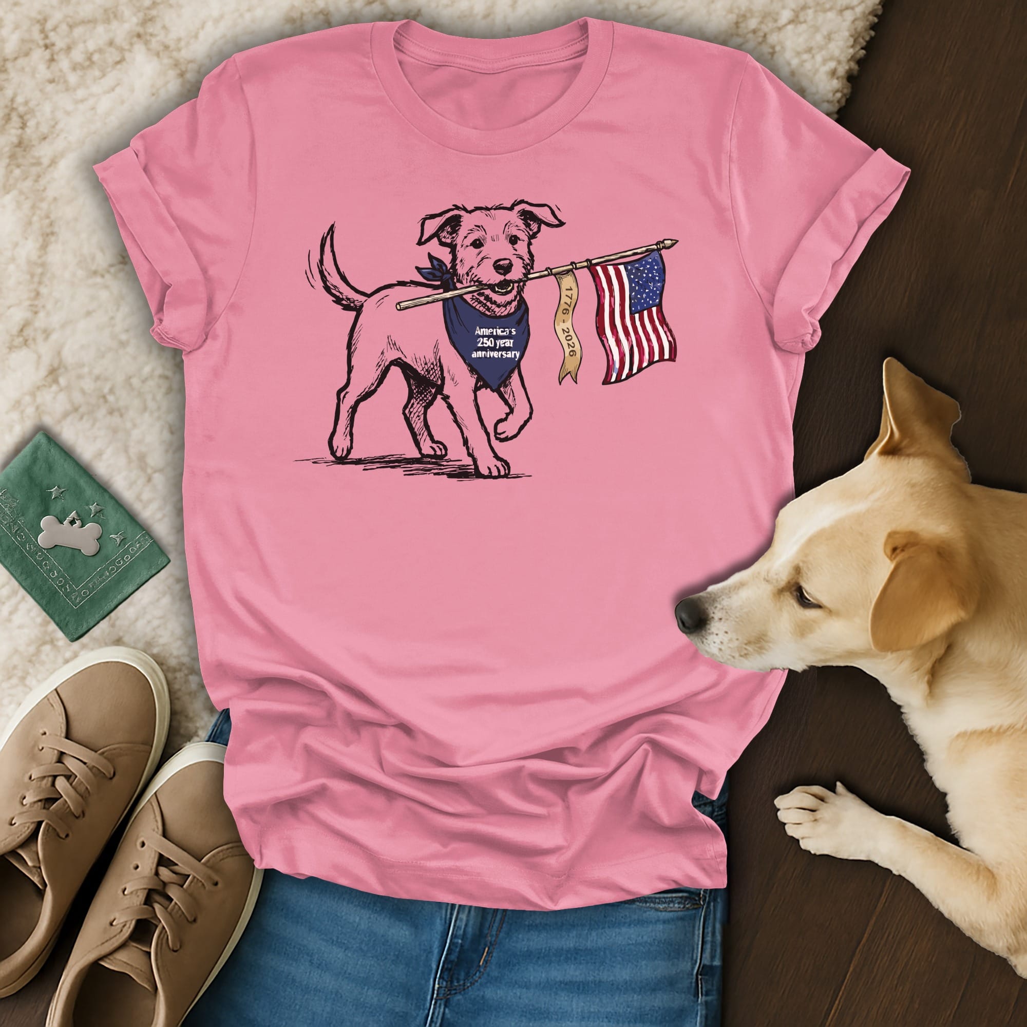 Dog wearing bandana holding American flag with text "America's 240th anniversary".
