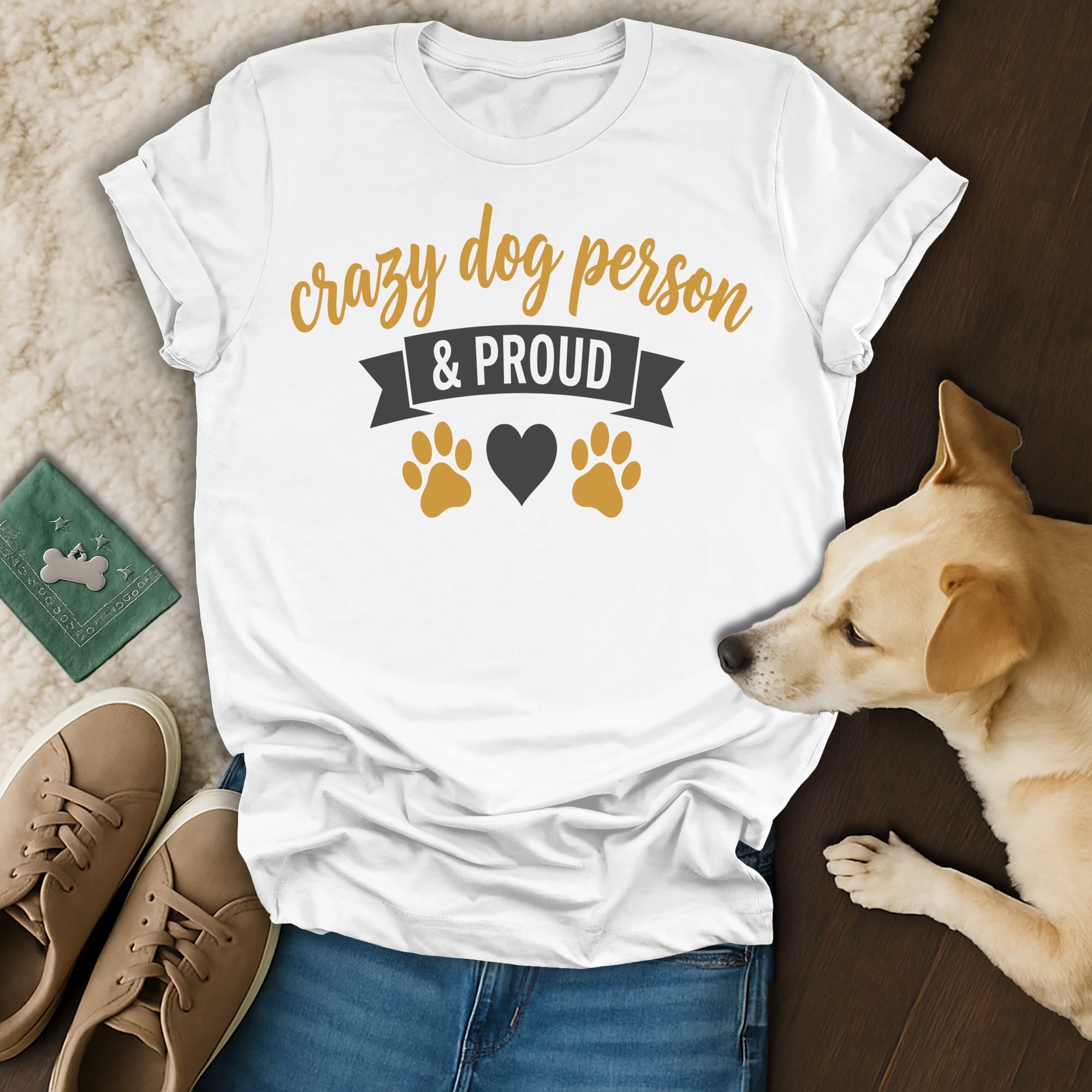 White t-shirt with "Crazy Dog Person & Proud" text and paw print graphics.