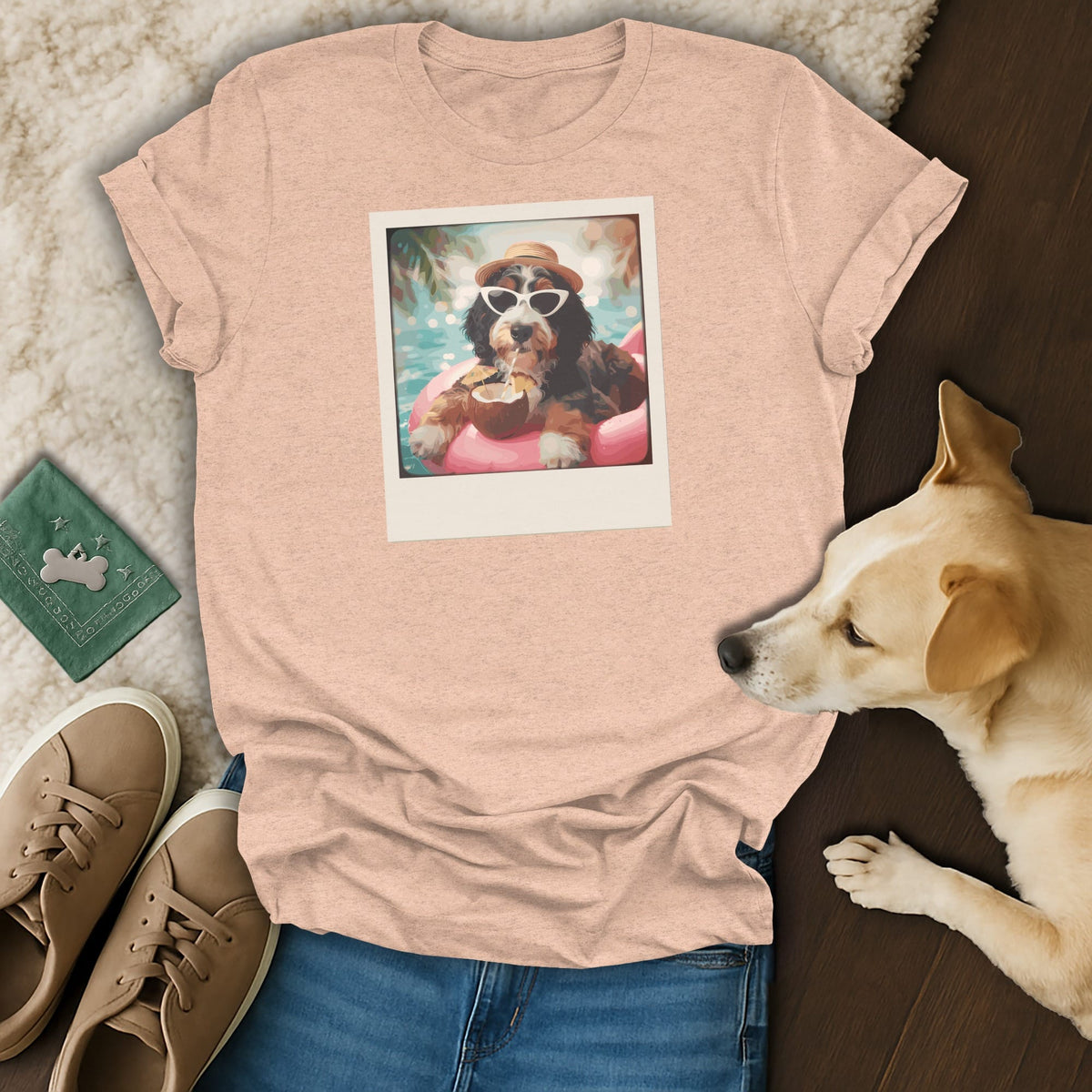 Peach t-shirt with a graphic of a dog on a float, wearing sunglasses and a hat.