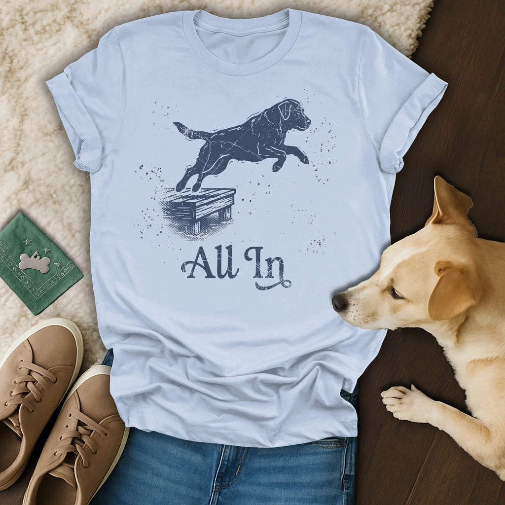 Light blue t-shirt with a dark blue jumping dog graphic and "All In" text.