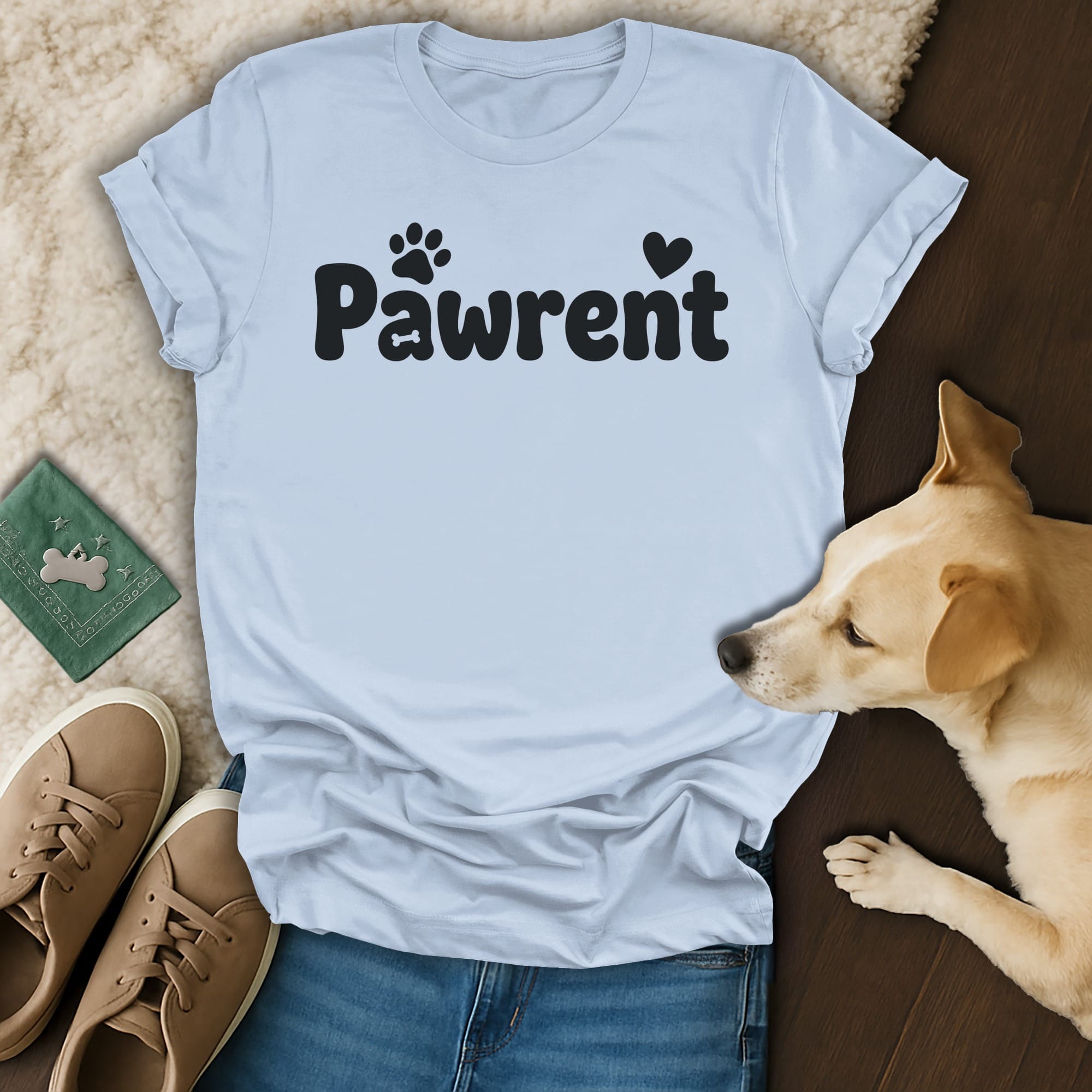 Light blue t-shirt with "Pawrent" text and paw print and heart graphic.