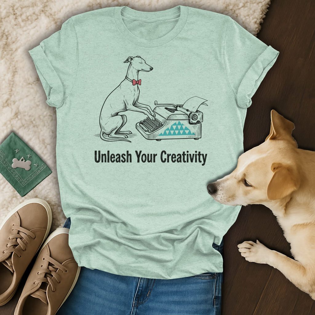 Light blue t-shirt with a greyhound and typewriter graphic, saying "Unleash Your Creativity."